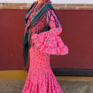 Traje de Flamenca Cordobesa Rosa Coral con Verde T.36