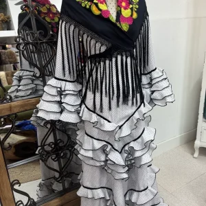 Traje Flamenca Mod. Cádiz Blanco Topo Negro