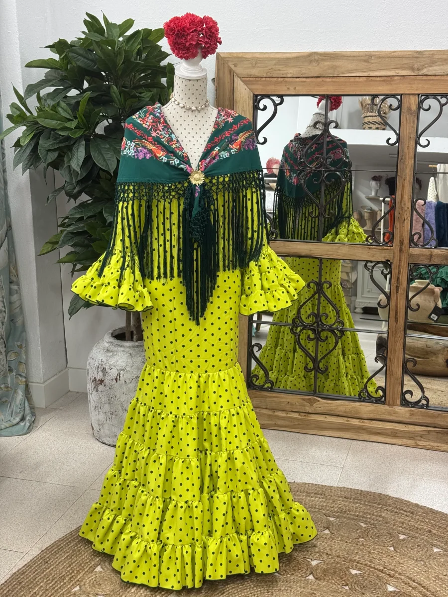 Vestido Flamenca Modelo Cordobesa Lima lunar Verde - Imagen 4