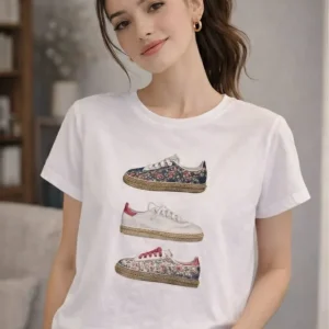 Camiseta blanca con estampado de zapatillas estilo floral