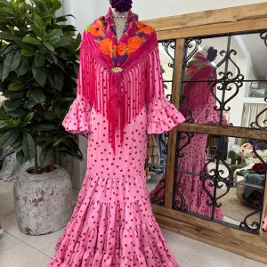 Traje de Flamenca Mod.Cordobesa Bioelastico Rosa con Burdeos T. 38 y 42