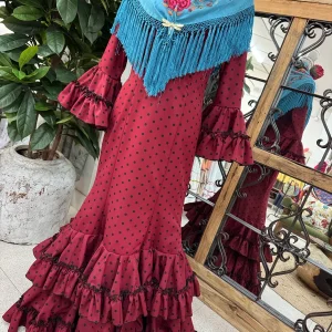 Traje de Flamenca Hinojos Burdeos lunar negro T.42