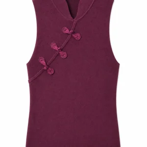 Top de Punto Sin Mangas con Cuello Solapa y Cierre Oriental de Nudos para Mujer