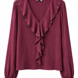 Blusa de Mujer con Volantes y Tachuelas, Escote en V y Manga Larga