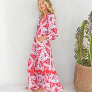 Vestido Largo Rosa Print Carmen Maxi Long Sleeve