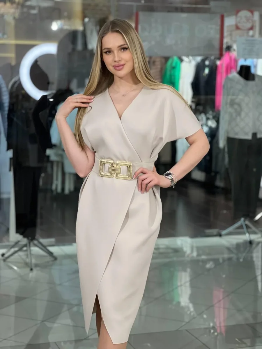Vestido cruzado con cinturón y cintura elástica - Imagen 4