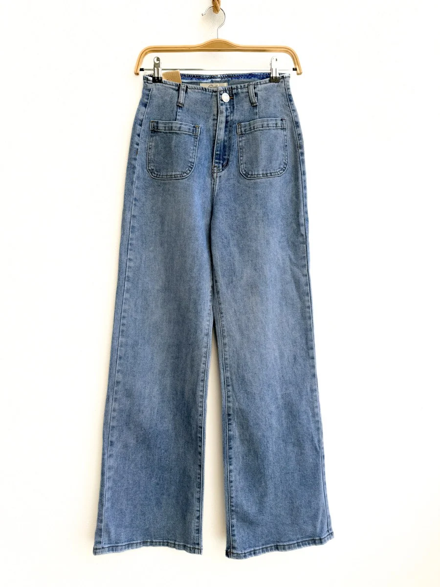 Jeans Rectos de Tiro Alto en Denim Azul