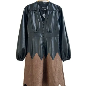 Vestido de Manga Larga con Polipiel Negro y Falda Bordada Marrón